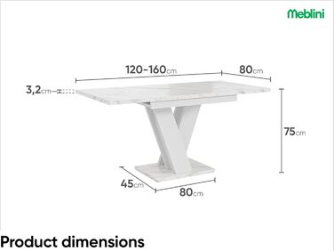 Обідній стіл MebleIni розсувний, сучасний дизайн, кухонний стіл, колона, чорний/білий глянцевий, 120-160x80x75 см, стільниця з білого мармуру/білий матовий