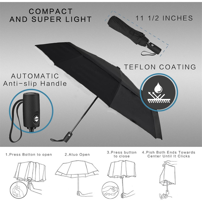Складна парасолька AMVUZ Stormproof Travel, вітрозахисна, автоматична, з тефлоновим покриттям 210T, чорна подвійна