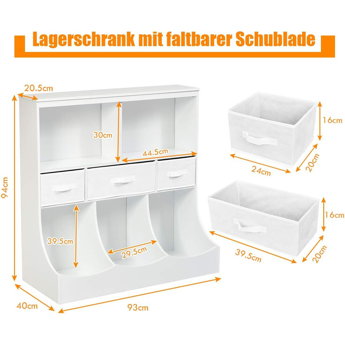 Дитяча полиця COSTWAY, Полиця для іграшок з 5 відділеннями та 3 висувними ящиками, Дитяча книжкова шафа, Полиця для зберігання, Органайзер для іграшок для дитячої кімнати та ігрової кімнати, 93 x 40 x 94 см, Білий