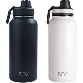 Пляшка для пиття з нержавіючої сталі BOZ XL (1 л / 32 Унції) з широкою шийкою, без бісфенолу А, з вакуумною ізоляцією з подвійними стінками (2 упаковки чорно-біла)