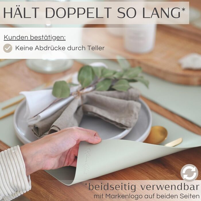 Набір з 6 преміум-підкладок для столу Mahewa® з екошкіри - підкладки для тарілок, миються та водонепроникні, в стилі шкіри (Salbeigrün, кутові з тримачем)