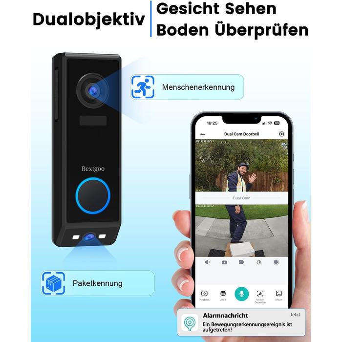 Відеодзвінок Bextgoo з подвійною камерою 2K HD, бездротовий, 10000mAh, IP67, з датчиком руху та нічним баченням
