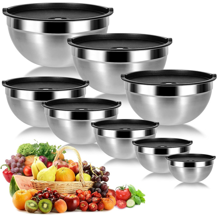 Набір мисок Cinnani з нержавіючої сталі, 8 шт. з кришками: для салатів, приготування їжі, міксеру. Багатофункціональні, стекувальні миски.