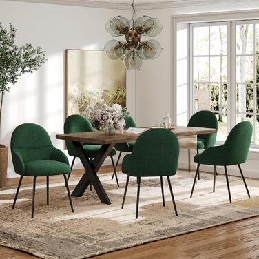 Набір обідніх стільців з підлокітниками – 6 шт. Ергономічні м'які стільці з тканинним покриттям та металевими ніжками для кухні, вітальні, їдальні, Бежевий (Leinen Tannengrün)