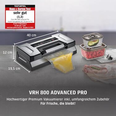 Вакууматор CASO VRH 800 Advanced Pro для продуктів та рідин, насос 20 л/хв, подвійний шов 30 см, корпус із нержавіючої сталі, комплект з пакетами та контейнерами