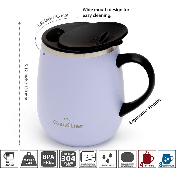 Термокружка Grandties з кришкою-ковпачком та ручкою, 480 мл | З подвійних стінок з нержавіючої сталі, для гарячих та холодних напоїв