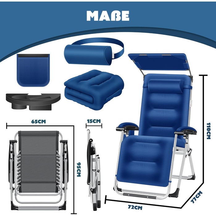 Шезлонг KESSER® для саду, широка та стійка до погодних умов, витримує до 200 кг, ергономічна спинка, регульована, з подушкою, підголівником, тримачем для напоїв, підлокітниками та бічною кишенею, блакитний