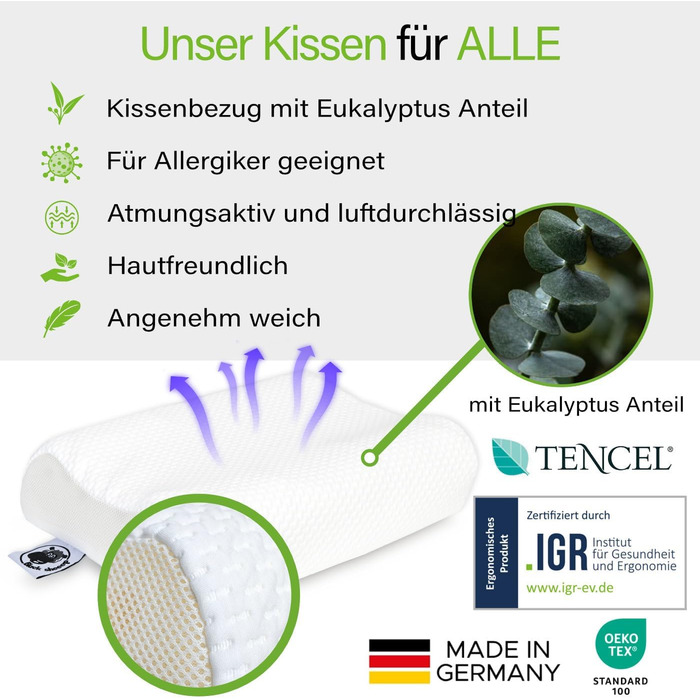 Ортопедична подушка для шиї та голови Black Sheeep з ефектом пам'яті (Memory Foam), ергономічна, з чохлом з евкаліпту для алергіків та тих, хто спить на боці, Made in Germany