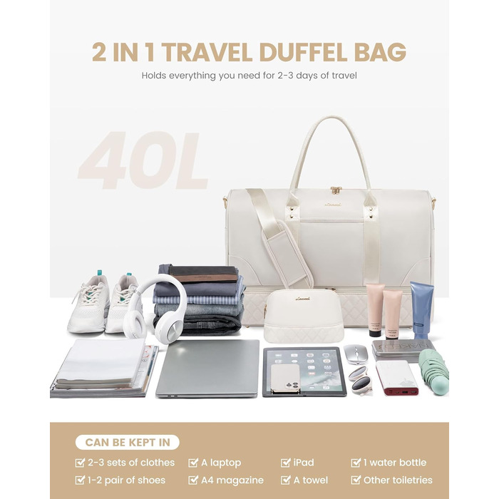 Сумка-мішок LOVEVOOK для жінок, 40л, 2 шт. (бежевий & хакі), з відділенням для взуття та мокрих речей, для подорожей, спортзалу, Gym, Yoga, ручна поклажа