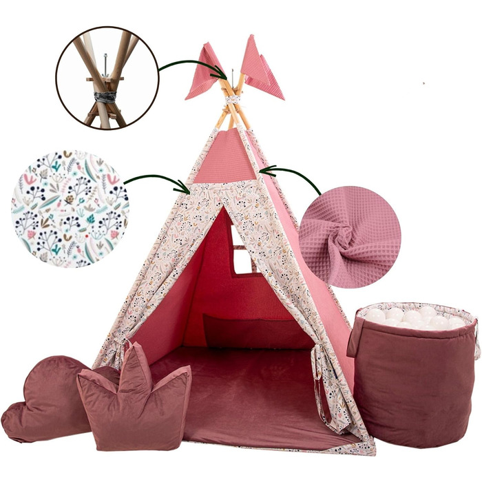 Дитячий намет-тіпі з килимком, подушкою та м'ячами - ігровий намет для дитячої кімнати (полуниця)