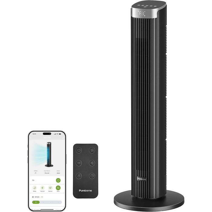 Турбовентилятор Leiser 91 см з осциляцією, пультом дистанційного керування та Wi-Fi, 4 швидкості, 4 режими, таймер 12 годин, чорний