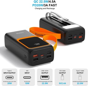 Вбудований кабель, швидка зарядка для смартфонів/планшетів, 50000mAh, 22.5W/PD20W, USB C