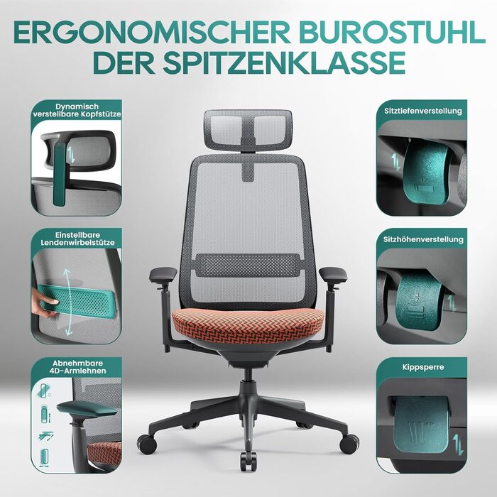 Ергономічне крісло Colamy для офісу та дому: регульована глибина сидіння, 4D підлокітники, підтримка попереку (до 136 кг), сіре