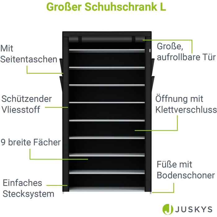 Тумба для взуття Juskys L 9 рівнів, закрита полиця для взуття на 45 пар, тканинне водовідштовхувальне покриття, тканинна шафа для зберігання взуття з вставною системою (Велика, чорна)