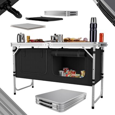Складана туристична кухня 24MOVE® з регульованою висотою, з робочою поверхнею та відсіками для зберігання, чорна