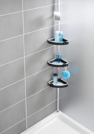 Телескопічна душова кабіна WENKO Wave - Телескопічна полиця для ванної кімнати, регульована по висоті душова полиця з 3 полицями та дзеркалом, алюміній, 27 x 70-260 x 20 см, срібло