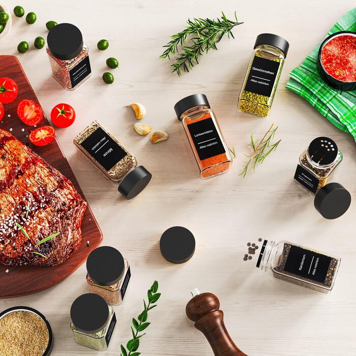 Набір баночок для спецій на 24 шт. (120 мл) – чорний, з кришками, ситечком, воронкою та 340 етикетками | Органайзер для спецій