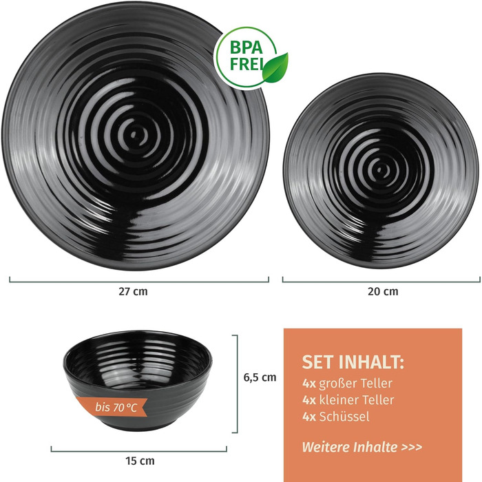 Набір посуду для кемпінгу Melamin 4 особи Stone + 4 чашки Stone (12 предметів + 16 склянок, чорний)