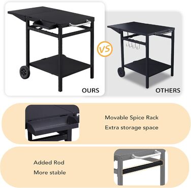Гриль-візок PIZELLO з підготовчою станцією: візок для гриля, піца-стіл, сервірувальний візок з коліщатками, гачки, ручка, трансформована робоча поверхня, чорний