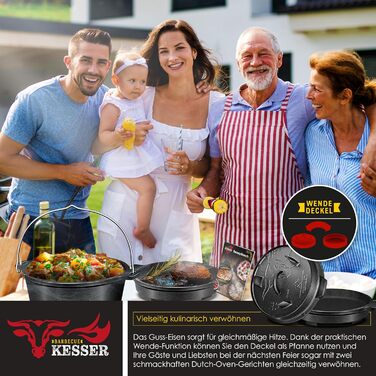 Набір голландських казанів KESSER® BBQ: голландський казан, посуд для приготування на грилі, котел для гуляшу, чавунний посуд з кришкою та термометром (4.2 л)