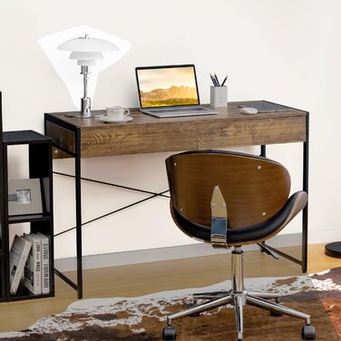 Письмовий стіл, Комп'ютерний стіл з 2 ящиками, Невеликий офісний стіл, Метал, Промисловий дизайн, Стіл для ПК для навчання, Домашній офіс, Офіс, 112 x 48 x 76 см (Сільський коричневий)