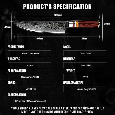 Японський кухонний ніж FANTECK Gyuto з дамаської сталі 20 см (67 шарів VG-10) з дерев'яною ручкою, професійний ніж для кухні, подарункова коробка