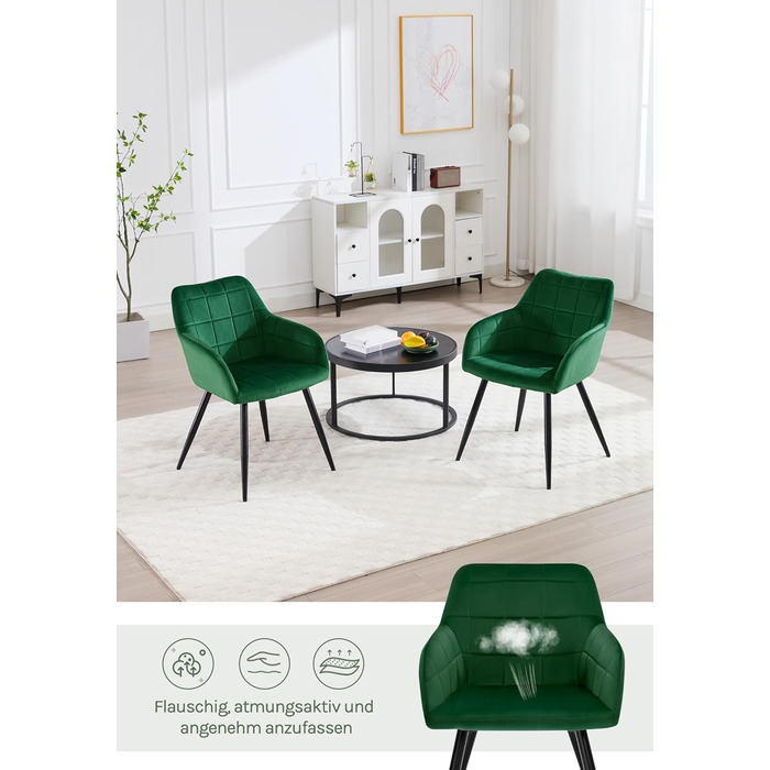 Крісла для їдальні WOLTU, крісла для кухні, м'які крісла з підлокітниками, 8 шт., темно-зелений, з велюровою оббивкою та металевими ніжками
