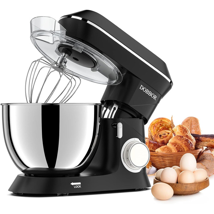 Кухонна машина 9.5л з планетарним міксером, 1500W, DOBBOR, з набором насадок (міксер, гак для тіста, вінчик), захист від бризок, 7 швидкостей, чорний колір