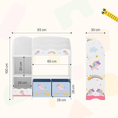Дитяча полиця для іграшок Lysekil від en.casa з 2 ящиками для зберігання, 100 x 93 x 30 см, мотив єдинорога