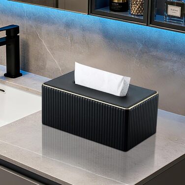 KINGFOM Склянка для серветок з золотим оздобленням, шкіра PU, чорна, прямокутна | Склянка для серветок у вітальню, ванну кімнату, офіс