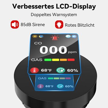 Детектор чадного газу та газу з вилкою, 4-в-1 CO-детектор з датчиком температури та вологості, з акустичним сигналом для дому та автокаравану, 1 шт. (Чорний)