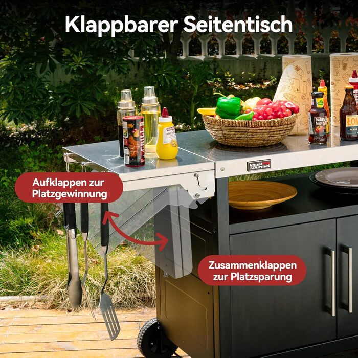 Royal Gourmet Grillwagen: гриль-візок з відкидним столиком, шафкою та нержавіючою сталевою поверхнею