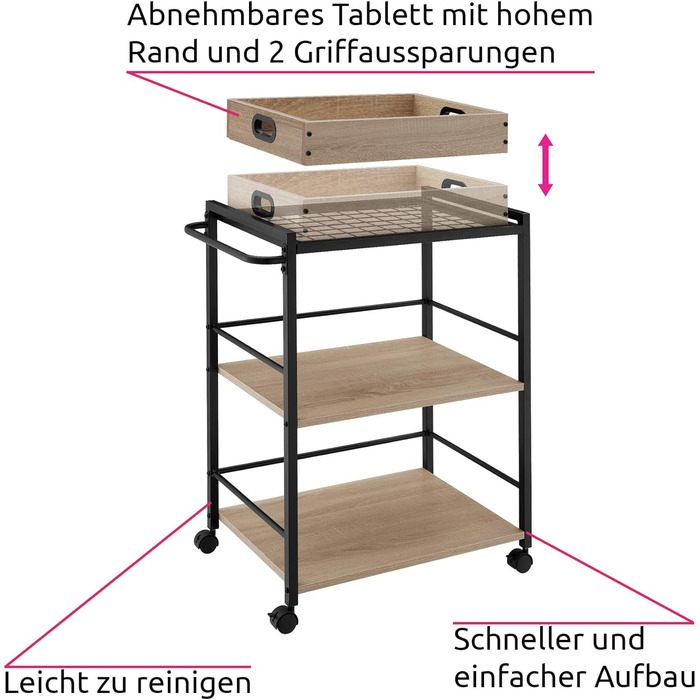 Візок для сервірування tectake з підносом, 65x41.5x87 см, кухонний візок на колесах, 2 дерев'яні полиці, промисловий стиль, дуб Sonoma