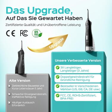 Портативна електрична душова насадка COSLUS: 300 мл, IPX7, 5 насадок, для догляду за порожниною рота, білий (чорний)