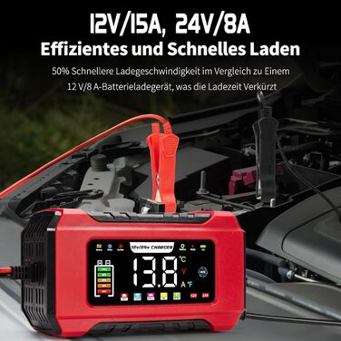 Зарядний пристрій для акумулятора HAUSPROFI 15A 12V/24V з функцією ремонту та підтримання заряду, 9-ступінчаста зарядка, LCD-дисплей для авто, вантажівки, мотоцикла, човна. Підходить для акумуляторів: свинцево-кислотних, AGM, EFB, LiFePO4