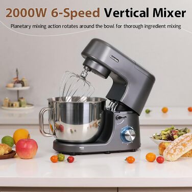 Кухонна машина 2000W з міксером та набором насадок, 7.2 л, нержавіюча сталь, сірий колір