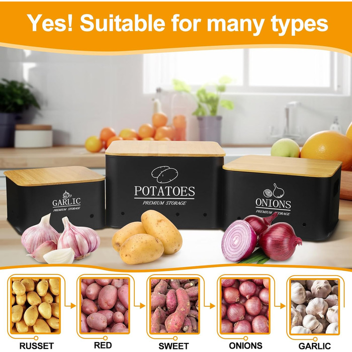 Набір контейнерів для зберігання картоплі, цибулі та часнику (3 шт.) з бамбуковим кришками - зберігає овочі свіжими. Чорний колір