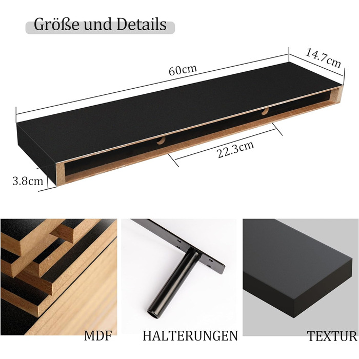 Полиці настінні BAMEOS, комплект з 2 шт., 60x14.7 см, чорні - декор для ванної, кухні, вітальні, спальні