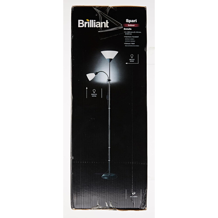 Стельовий омийник Brilliant Spari 1,8 м, чорний/білий, підходить для LED, лампа для читання з вимикачем шнура