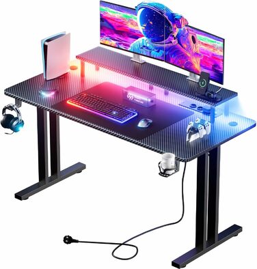 Ігровий стіл HLONONE з LED підсвічуванням, 120x60 см: стіл для геймінгу та офісу з 3 розетками та 2 USB-портами, стійкий комп'ютерний стіл, чорний