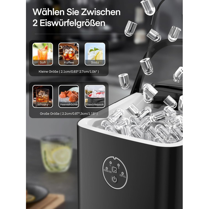Льодогенератор Fohere 14 кг/24 год, швидке виробництво льоду (5 хв), 2 розміри кулеподібного льоду, самоочищення, з ручкою, лопаткою та кошиком для вечірок, офісу, кемпінгу - Чорний