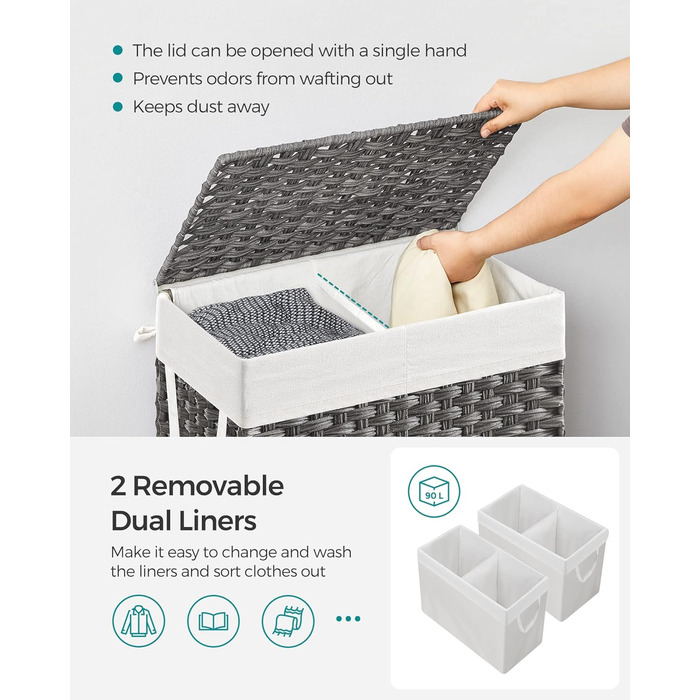 Кошик для білизни Songmics з кришкою, 90 л, сірий, з 2 змінними вкладами та 6 мішечками, плетений, для ванної кімнати, 33 x 46 x 60 см