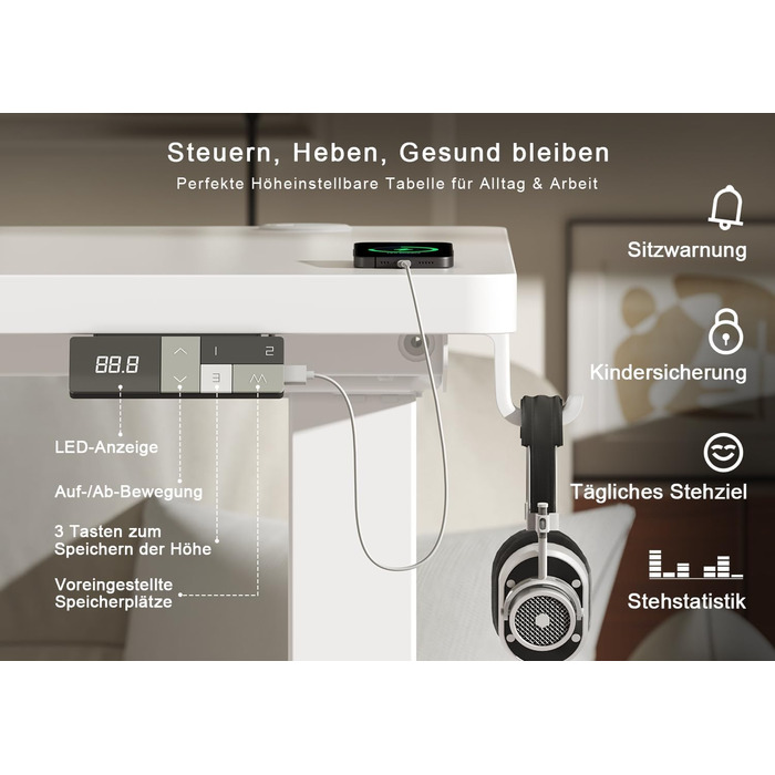 Електричний підйомний стіл Devoko 160x80 см, ергономічний комп'ютерний стіл для роботи стоячи та сидячи, подвійний мотор, пам'ять, USB-C, білий