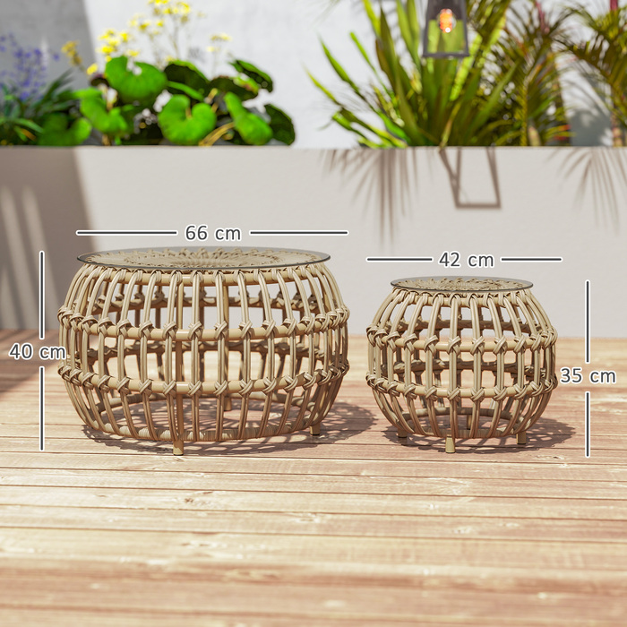 Outsunny Набір з 2 бічних столів Poly Rattan Ø66/42 см Круглий стійкий до погодних умов садовий стіл зі скляною стільницею Відкритий балконний столик Журнальний столик Садові меблі для саду, балкон коричневий