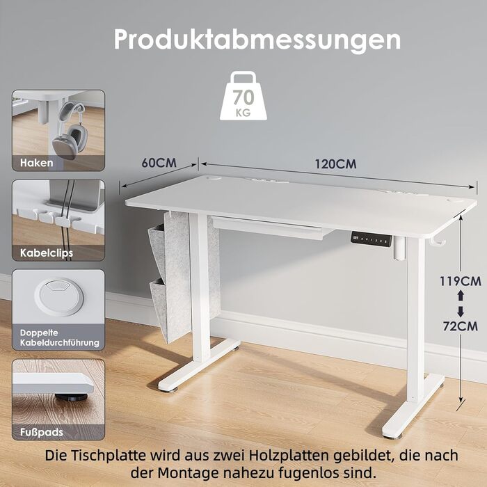 Електричний регульований стіл висотою 120x60 см з пам'яттю, з шухлядами для дому/офісу/навчання (білий)