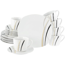 CreaTable Серія Square City Line: 18-частинний набір посуду на 6 осіб, кавовий сервіз з порцеляни, придатний для миття в посудомийній машині та використання в мікрохвильовій печі, преміум-якість