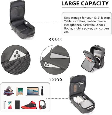 Рюкзак KONO для ручної поклажі 42x30x20, 25L, з відділом для ноутбука, сірий, для подорожей та спорту