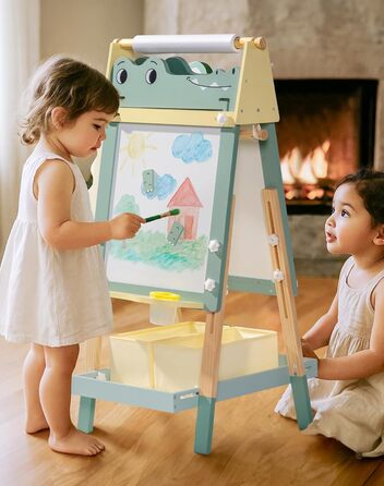 Мольберт для малювання ROBOTIME Alligator – 3-в-1, регульована висота, дерев'яний мольберт з магнітною дошкою, крейдяною дошкою та держателем для рулонів паперу, дитяча арт-станція для хлопчиків та дівчаток