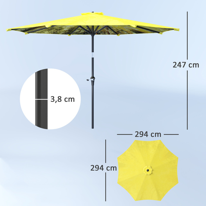 Outsunny Parasol Ø300 см, Парасолька з ручною рукояткою, візерунок, восьмикутний балкон Парасолька Пляжна парасолька Вітрозахисна стайня Ринкова парасолька Парасолька Сонцезахисний козирок для пляжу Балкон Патіо Сад, жовтий | Аосом