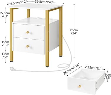 Тумбочка HOOBRO з док-станцією для зарядки, 2 ящики, порти USB, 40x40x6 см, вінтажний білий золотий